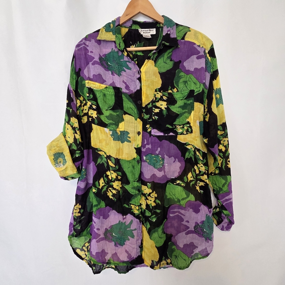 Vintage Floral Cotton Long Sleeve Button Down Shirt Coverup by Clementine